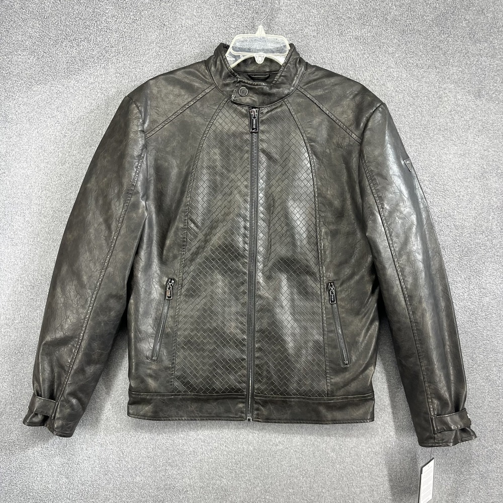 Guess Motorcycle Jacket Mens Small Dark Brown Faux Leather Brad‎ Braid Biker